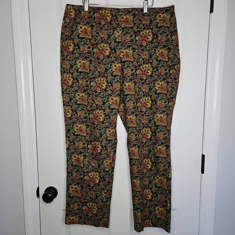Talbots Paisley Curvy Ankle Pant Womens Size 16 Navy Colorful Print Stretch
